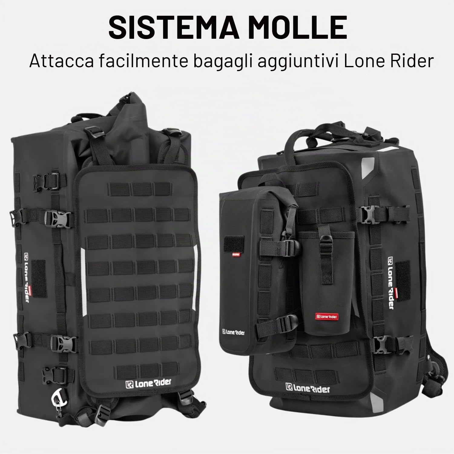 Lone Rider Overlander 30L Borsa Moto Impermeabile, Borsone Posteriore Espandibile per Portapacchi con Sistema MOLLE, Vano Portaoggetti Beavertail e Chiusura Arrotolabile