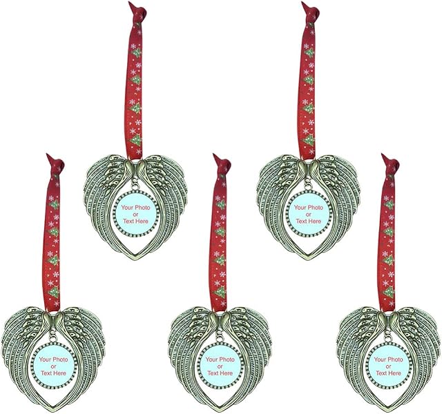 Amosfun 5pcs Christmas Tree Ornaments Double Sided Memorial Ornament Heart Angel Wing Shaped Tree Hanging Pendents For Xmas Holiday Home Decor Golden