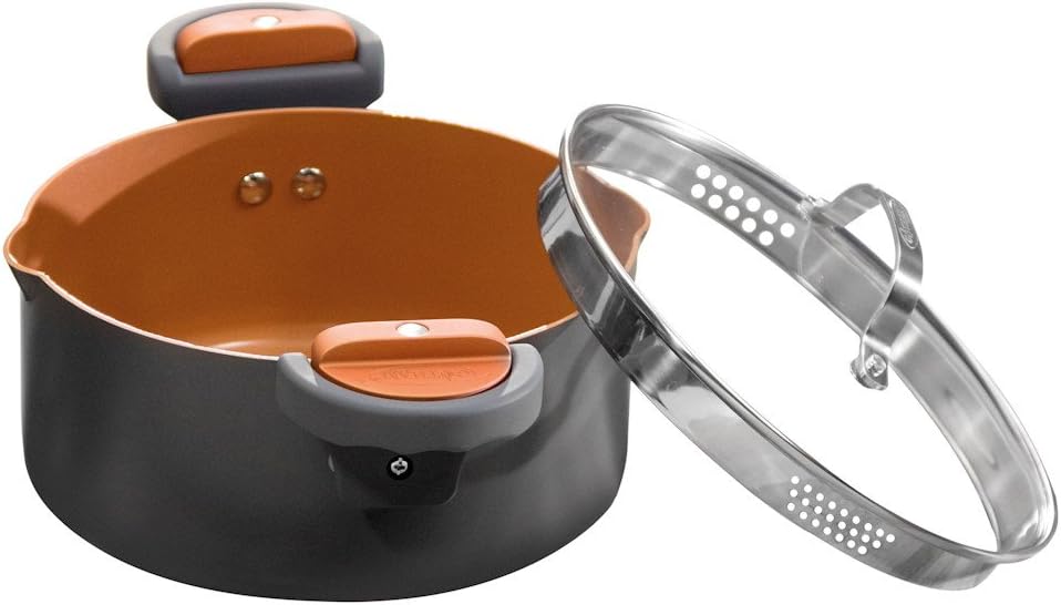 Gotham Steel 5 Quart Stock Multipurpose Pasta Pot with Strainer Lid & Twist and Lock Handles, Nonstick Ceramic Surface Makes for Effortless Cleanup with Tempered Glass Lid, Dishwasher Safe, Graphite