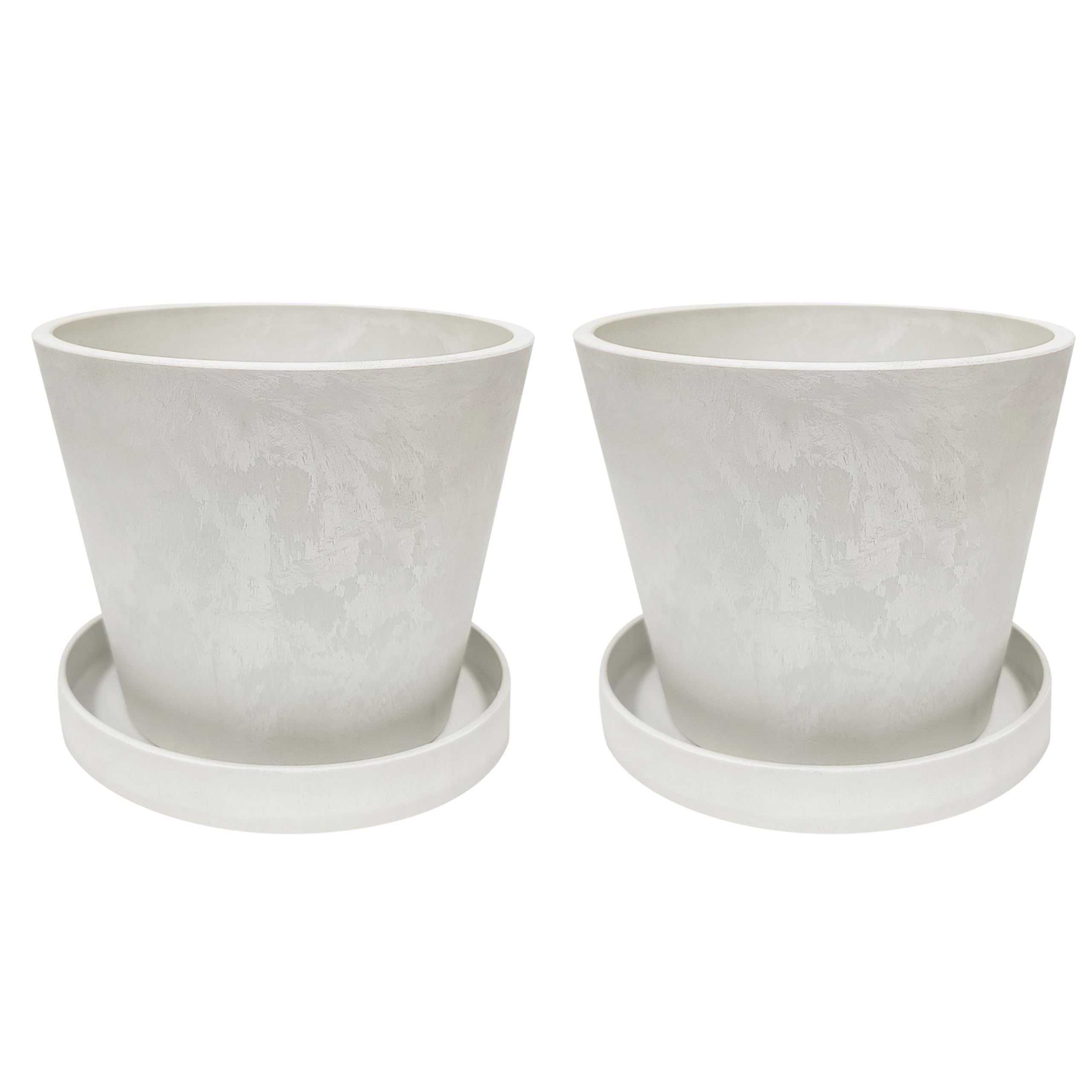 Olly & Rose Artstone Cloudy White Pack 2 with Saucers - 17cm Medium Plant Pots Outdoor and Indoor - White Planters - Flower Pots