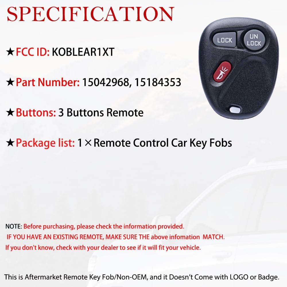 MechanMagic Key Fob Keyless Entry Fits for Chevy Silverado Suburban Tahoe Avalanche SSR S10 GMC Sierra Yukon Sonoma 2001 2002 2003 Remote Control Replacement KOBLEAR1XT 15042968 3 Button