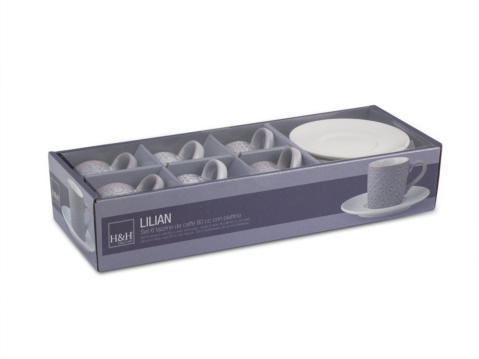 H&H Lilian Set 6 Tazzine caffè con Piatto, Stoneware, 80 ml