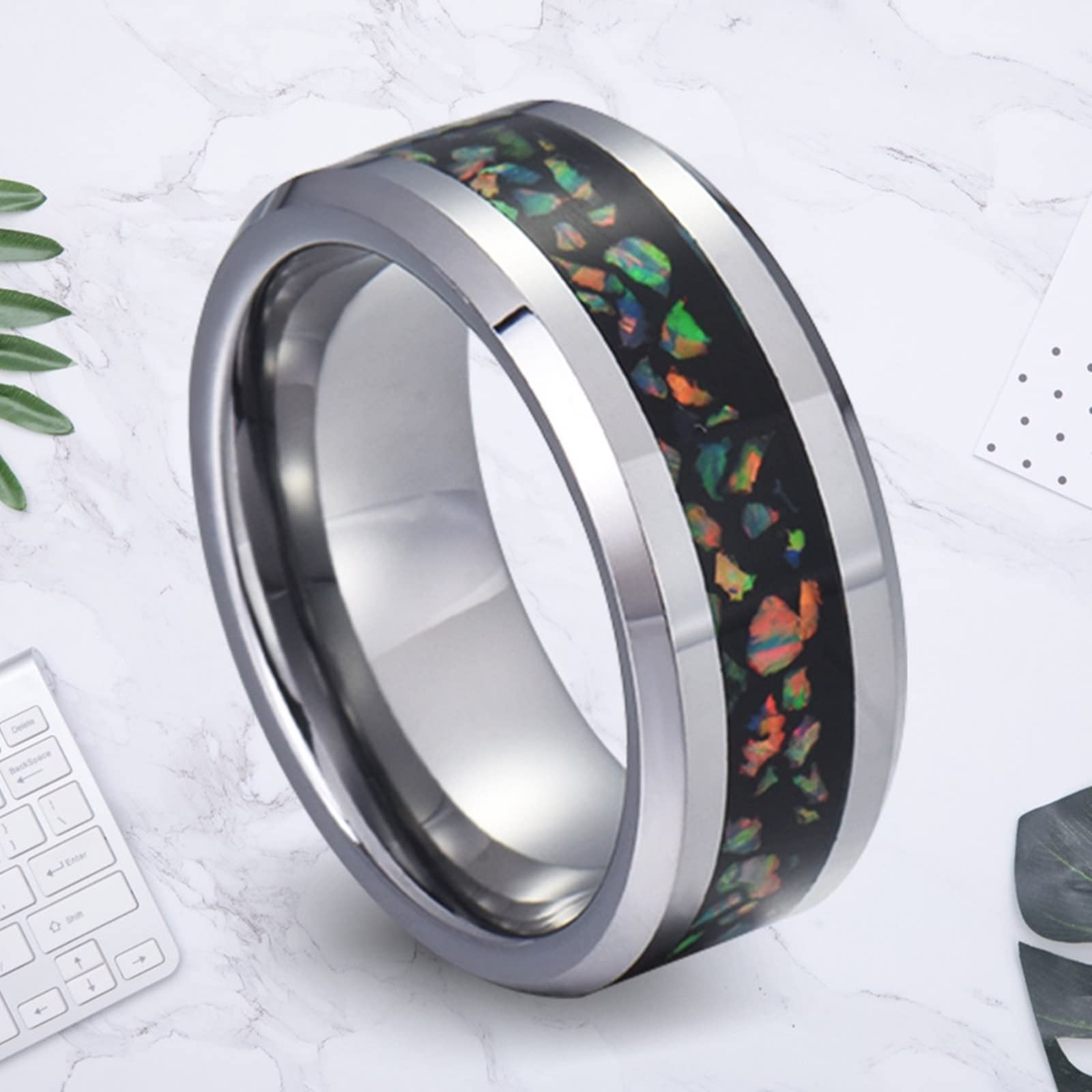 KnSam Wolfram Partner Halsketten für Sie und Ihn mit Ring Anhänger, 2 Stück Partner Kette Opal, Silber für Damen Herren (Breite 8MM, Länge 60cm/ 50cm, Damen 54 Herren 62)