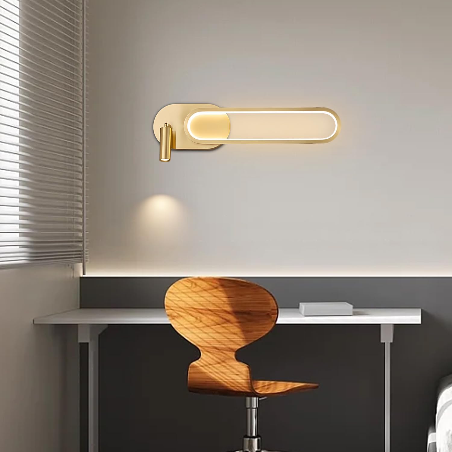 KCO Brass Gold LED Wall Light Indoor Modern LED Wall Sconce Mid Century Vintage Bathroom Vanity Light Fixture Hallway Long Sconces Wall Light Wireless Wall Sconce