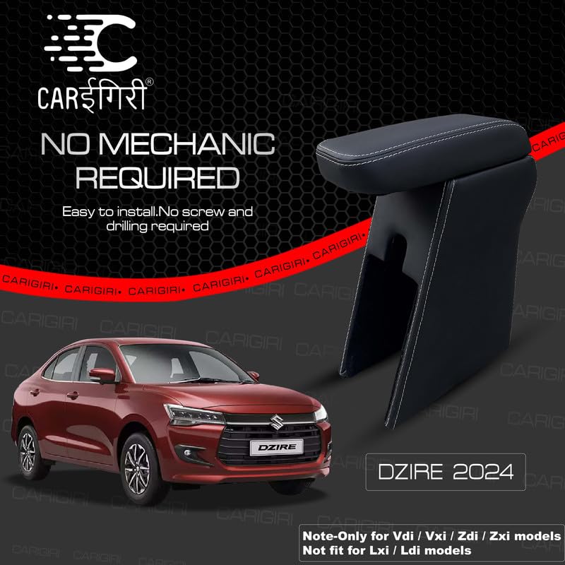 Image of Carigiri Premium Finish Car Armrest with Storage Box And High Density Moulded Foam For Maruti Suzuki Dzire (Models-2024,2025)(ONLY FOR VXI,VDI /ZXI,ZDI /ZXI+ MODELS) (White Seam,Nappa Leather)