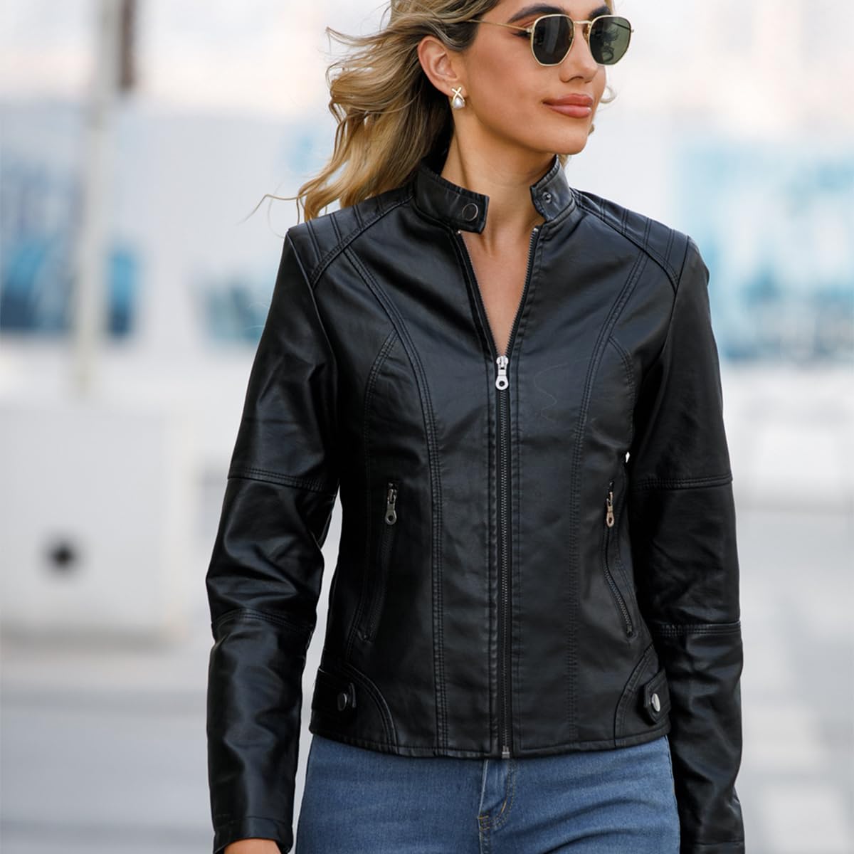 Hiseng Veste Simili Cuir Femme,Noir PU Femme Manteau de Moto Court et Décontracté, Manche Longue Veste Chic et Elegant,Printemps Automne Hiver Zipper Simili Cuir Blouson-S