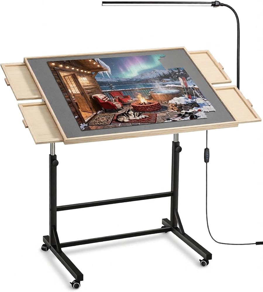 ALL4JIG 1500 Pieces Puzzle Table with LED Light, 32.87"x24.92", Tilting & Rotating Wooden Jigsaw Board with 4 Drawers & Cover, Portable Puzzle Table Easy to Store & Move for Adults — 사진 1