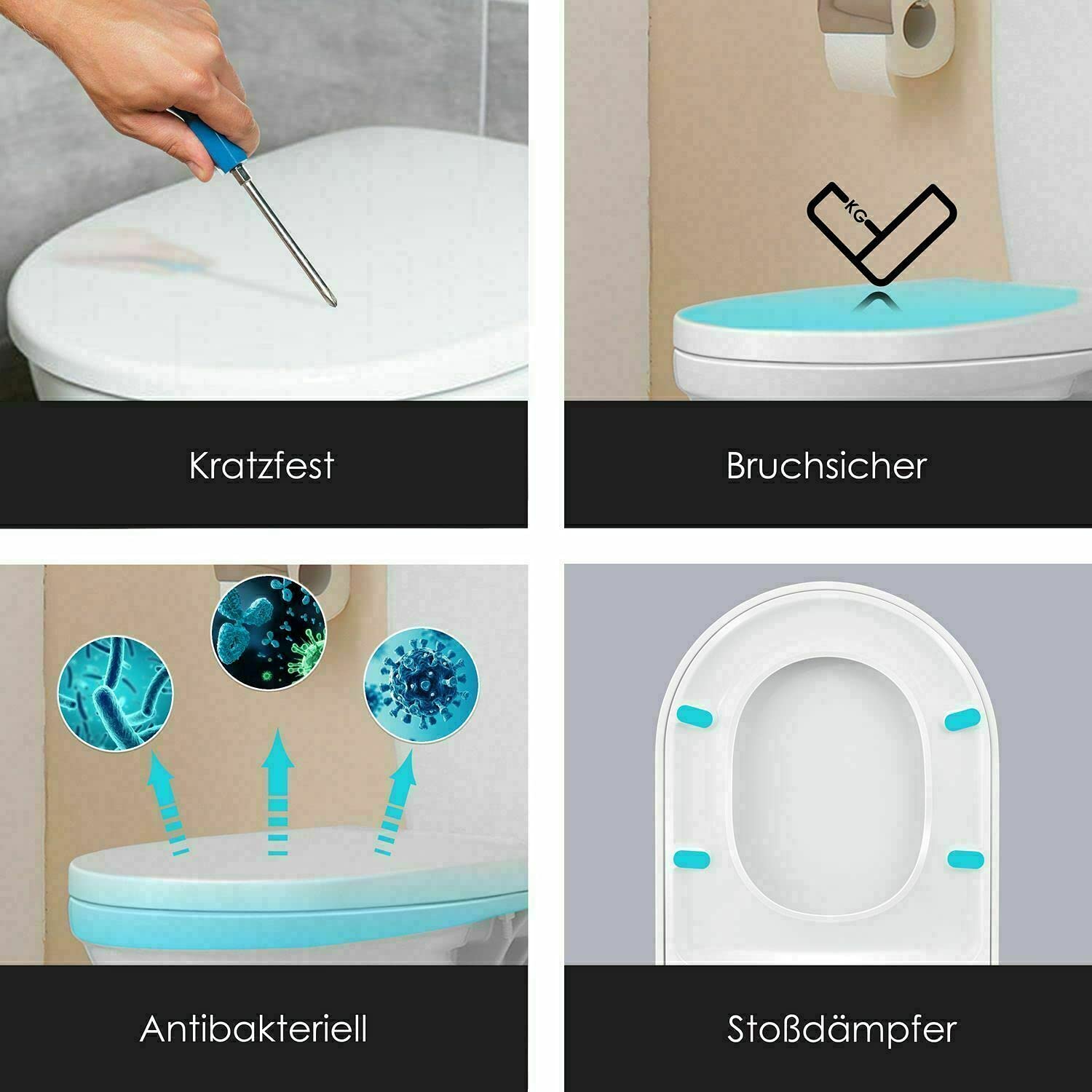 Royalswill Toilettendeckel, D-Form Toilettensitz, WC Sitz mit Absenkautomatik, Quick Release Funktion, Antibakteriell Klodeckel aus Duroplast mit Scharnieren, Toilet Seat WC Deckel Klobrille, weiß
