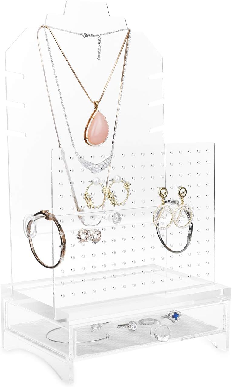 Ikee Design Acrylic Earring Necklace Jewelry Stand with a Drawer, Earring Necklace Holder, Jewelry Storage, 7 7/8"W x 7 1/2"D x 14 1/2"H