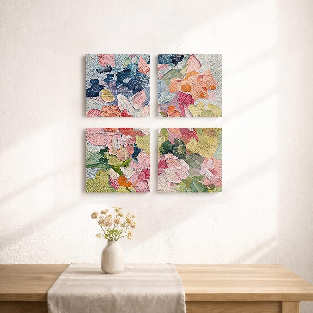 Colorful Floral Canvas Wall Art Set of 4, 12x12 Inch Framed Abstract Flower Wall Decor, Modern Boho Botanical Artwork for Living Room Bedroom Bathroom, Ready to Hang