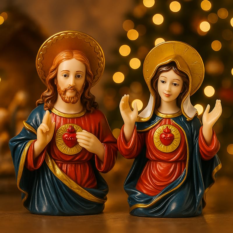 Image of Sacred Heart Jesus & Immaculate Mary Statues | Xmas Dcor Spiritual Idol Set for Home Church, Office Desk, Car Dashboard Idol & Christian Blessing Gift