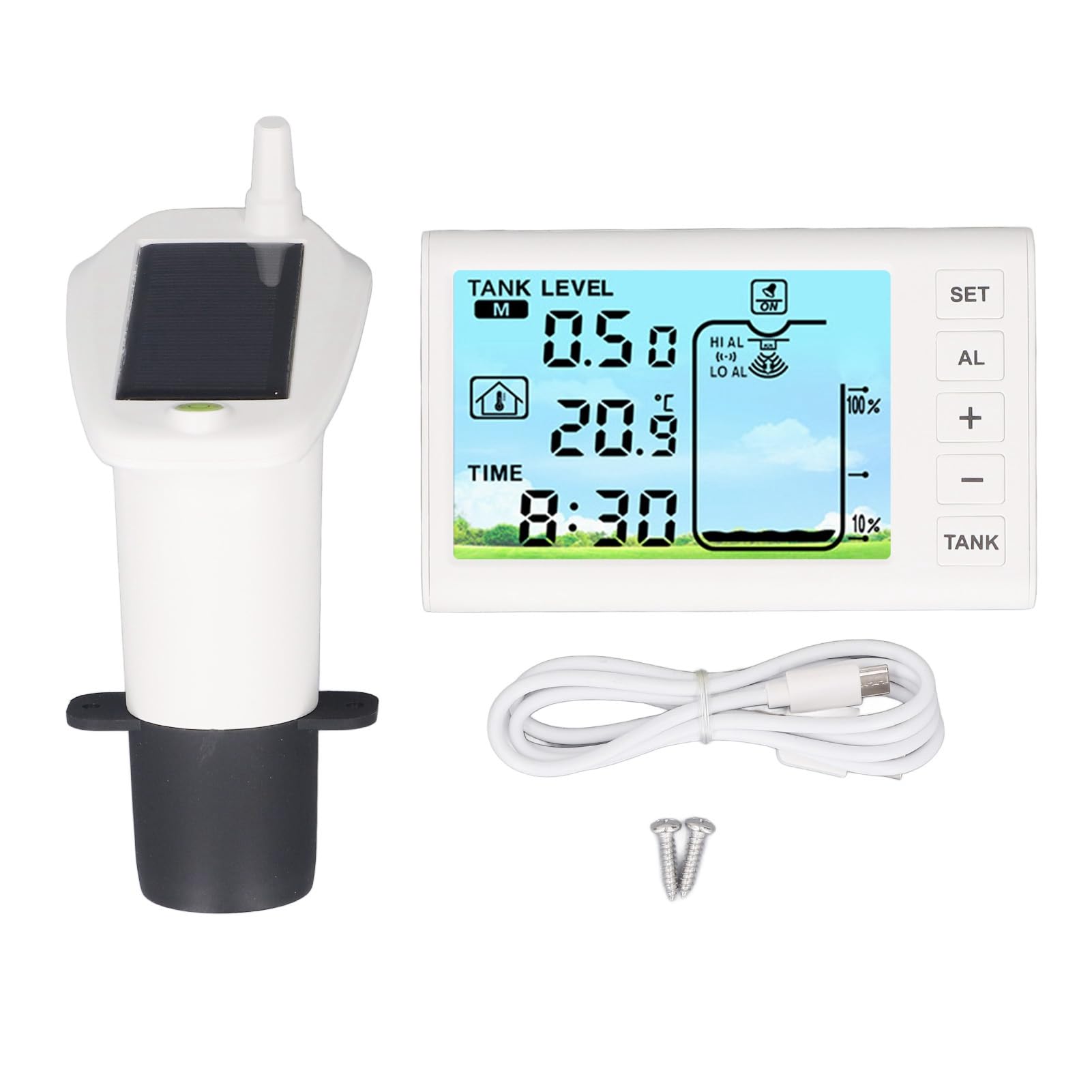 Cocoarm Ultraschall-Füllstandssensor, Wassertank-Füllstandsmesser aus ABS, 1 Bis 5 M Reichweite, Kabellose Anzeige, IP65-Sender, Temperaturüberwachung für Haushaltswassertanks, Brunnen, Zisternen