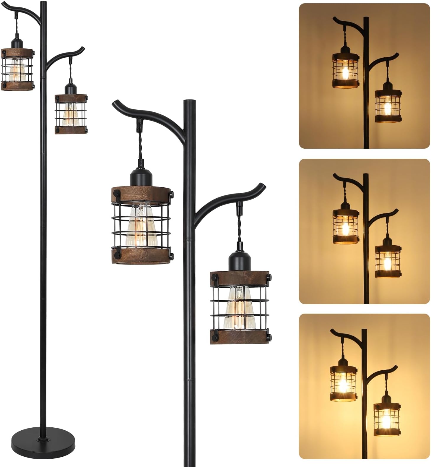 Dimmable Black Floor Lamp for Bedroom, 2-Light Industrial Standing Lamps for Living Room, Farmhouse Tall Lamp with Foot Switch, Vintage Tree Foor Lamp, Rustic Corner Floor Reading Lamp for Office