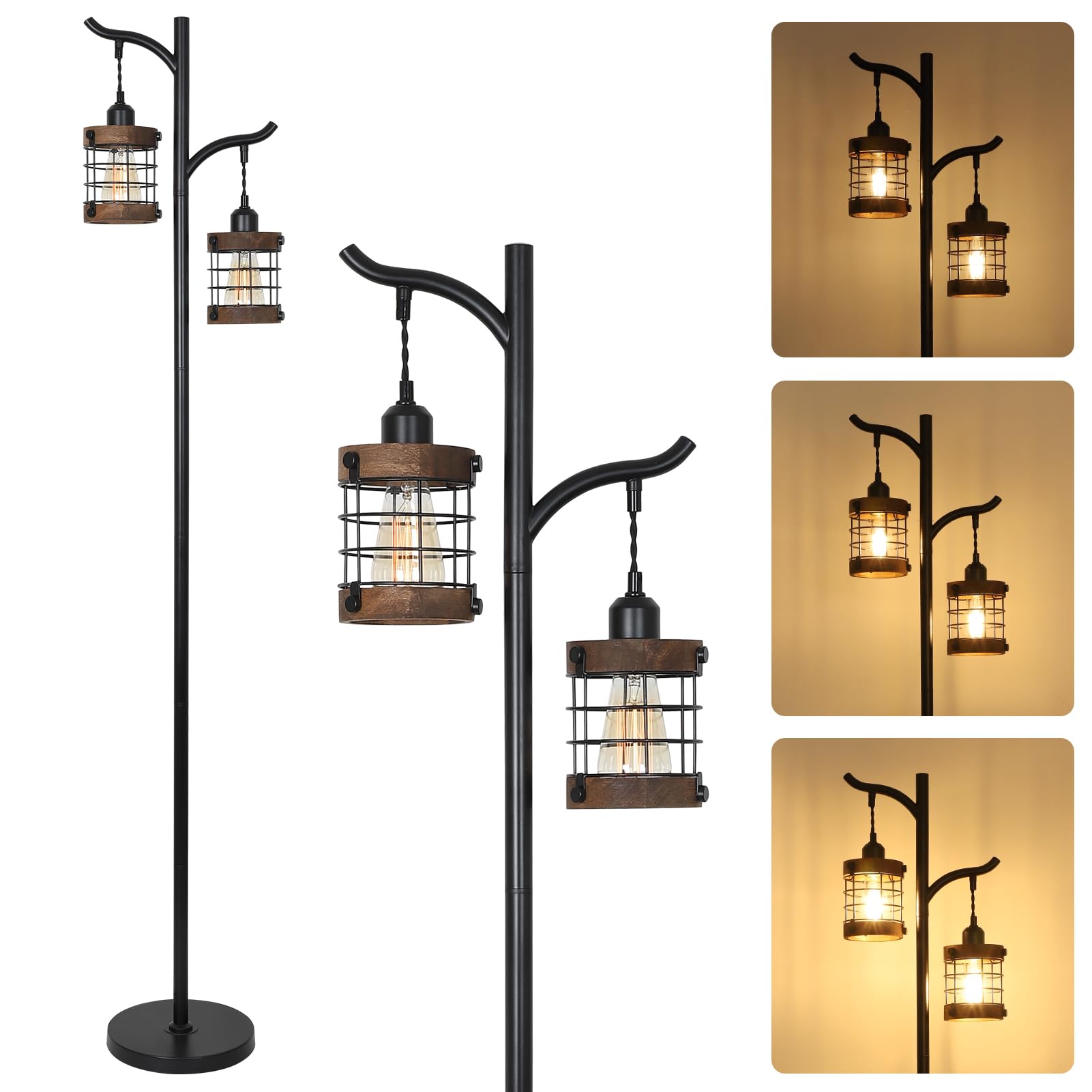 Dimmable Black Floor Lamp for Bedroom, 2-Light Industrial Standing Lamps for Living Room, Farmhouse Tall Lamp with Foot Switch, Vintage Tree Foor Lamp, Rustic Corner Floor Reading Lamp for Office