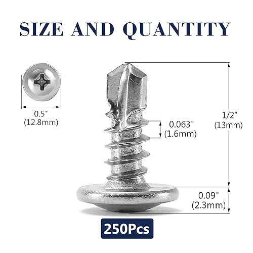 Miniatura 90 de Tornillos de chapa metálica de 2-1/2 pulgadas, 250 tornillos de acero inoxidable 410 tornillos autorroscantes rápidos de cabeza de armadura de acero