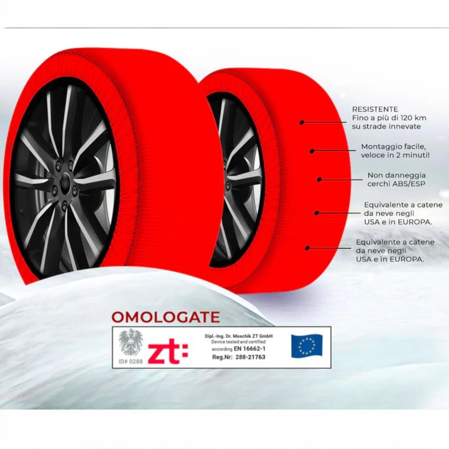 Calze da Neve, omologate Italia EN 16662-1, 2 Calze Neve Auto, Montaggio rapido, Guanti Inclusi, Snow Socks Ultra Grip (XL) 236x43 cm