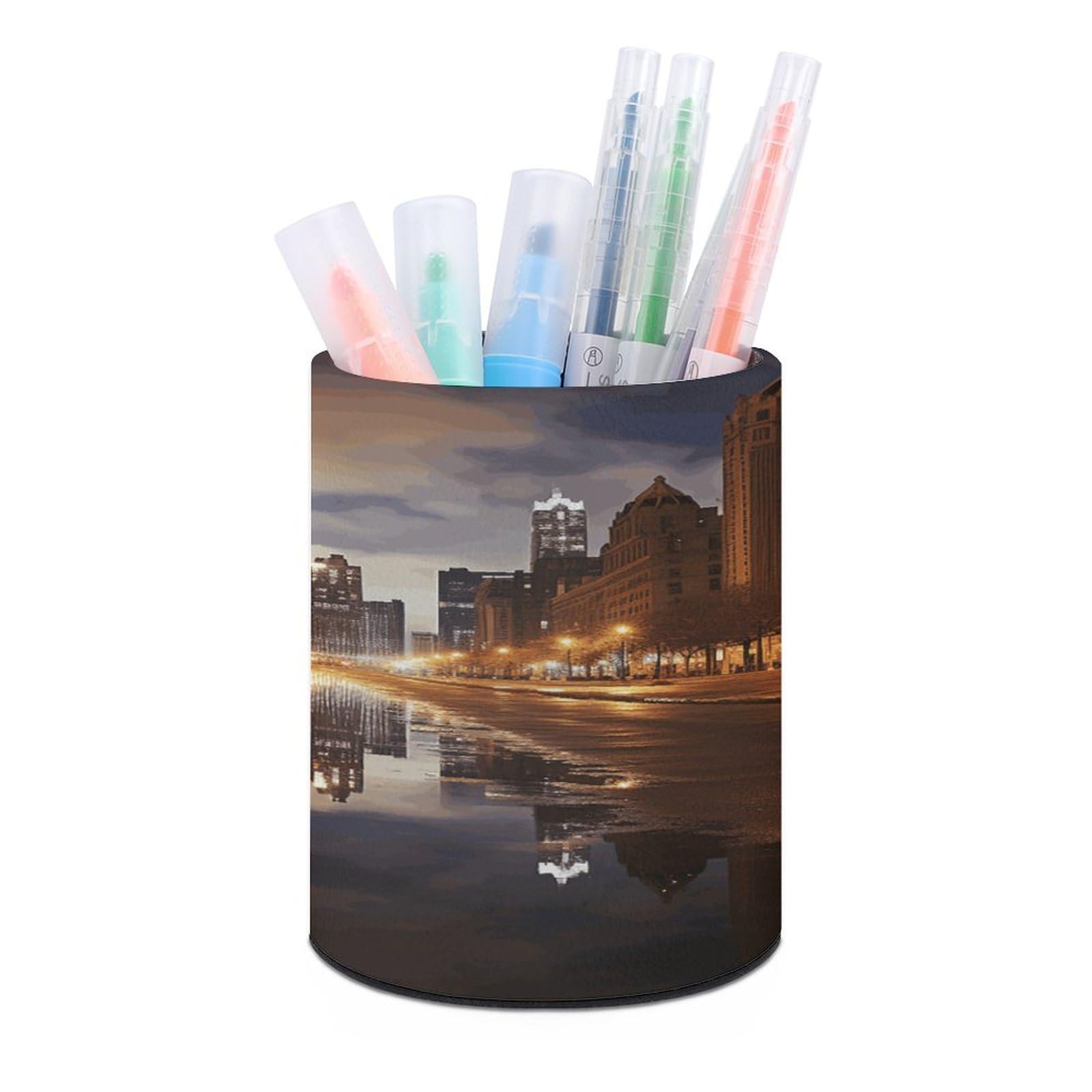 VstaDank Chicago Pen Holder PU Leather Pencil Cup Minimalist Desk Pencil Holder Round Make Up Brush Organizers For Office Dorm Room&Vanity Desk Accessories