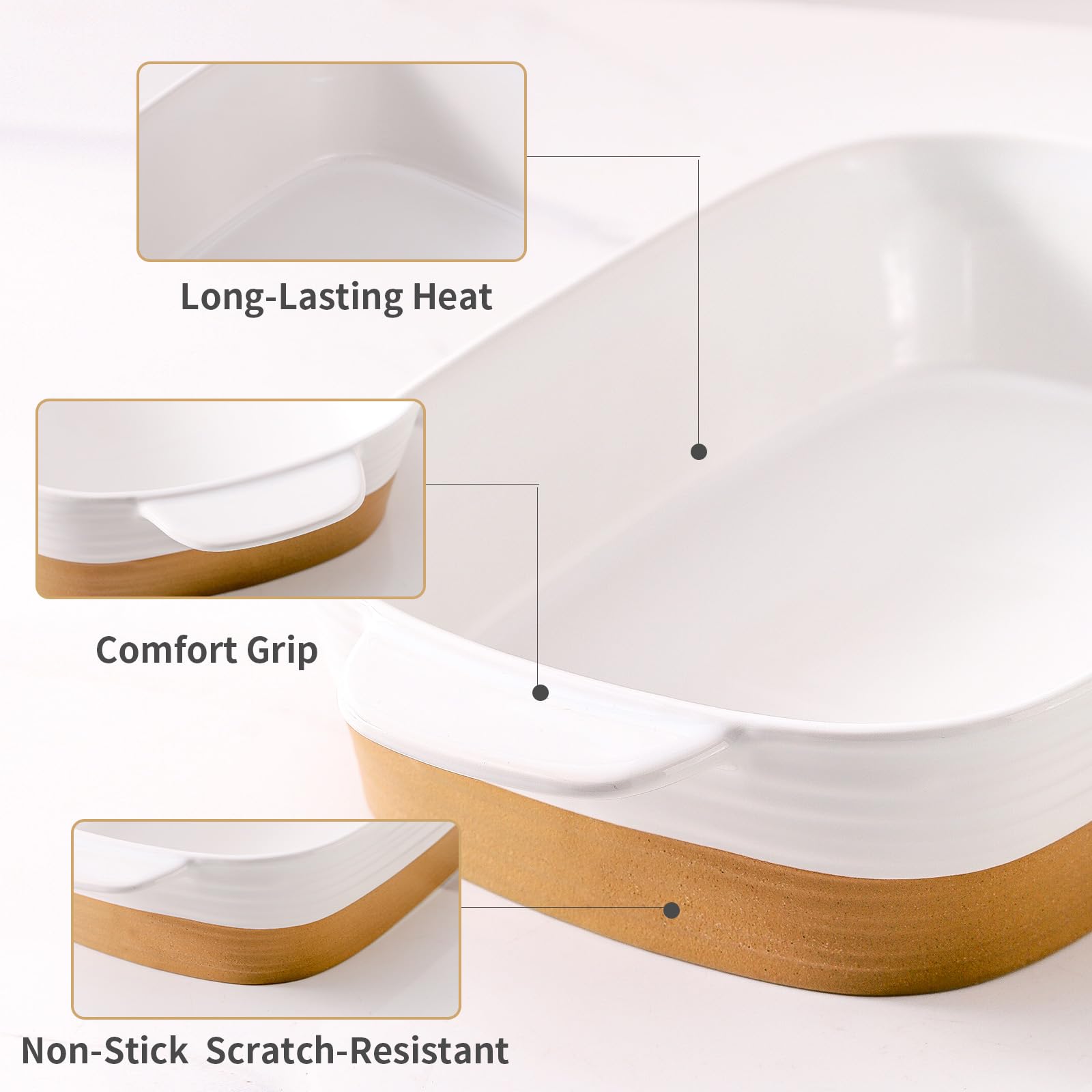 Hasense Fuente de cerámica para hornear, 15 x 8.7 pulgadas, cacerola grande para lasaña para horno, sartén antiadherente con asa para hornear, cacerola, cocina, regalo de boda, blanco (3.4 cuartos de