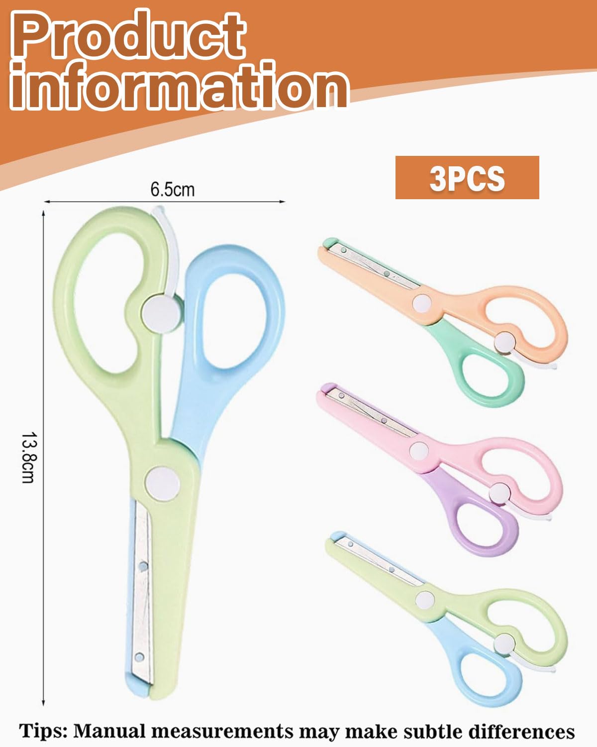 3 piezas Tijeras Infantiles con Dispositivo de Seguridad,para Niños y Revestimiento de Plástico,con Punta Redonda