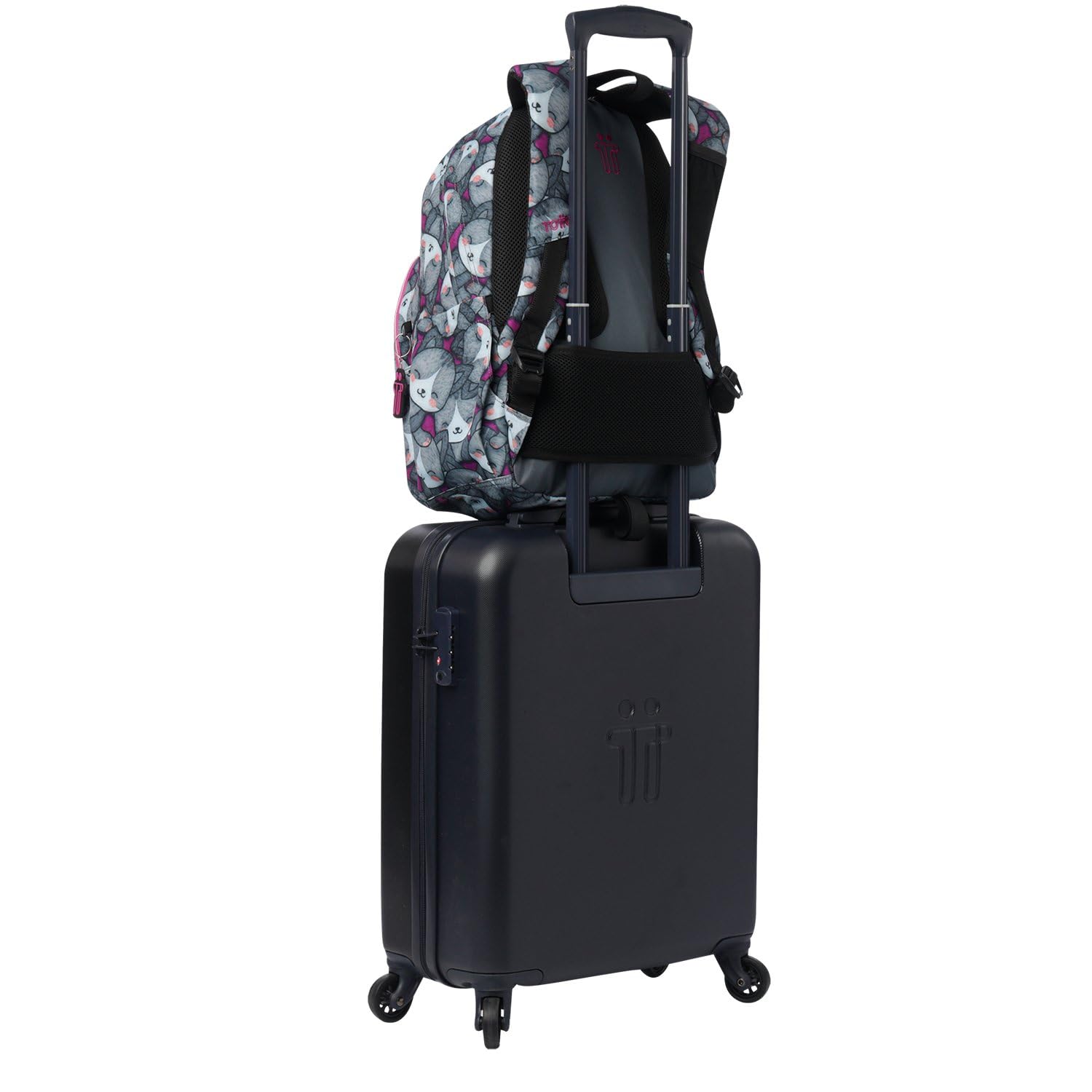 TOTTO - Mochila Escolar Adaptable a Carro, Modelo Acuareles, Capacidad 20 L, Bolsillo para Pc 14", 2 Bolsillo Botella, Espaldar Ergonómico con Flujo de Aire, Correas en S, Estampado Kitten Rose