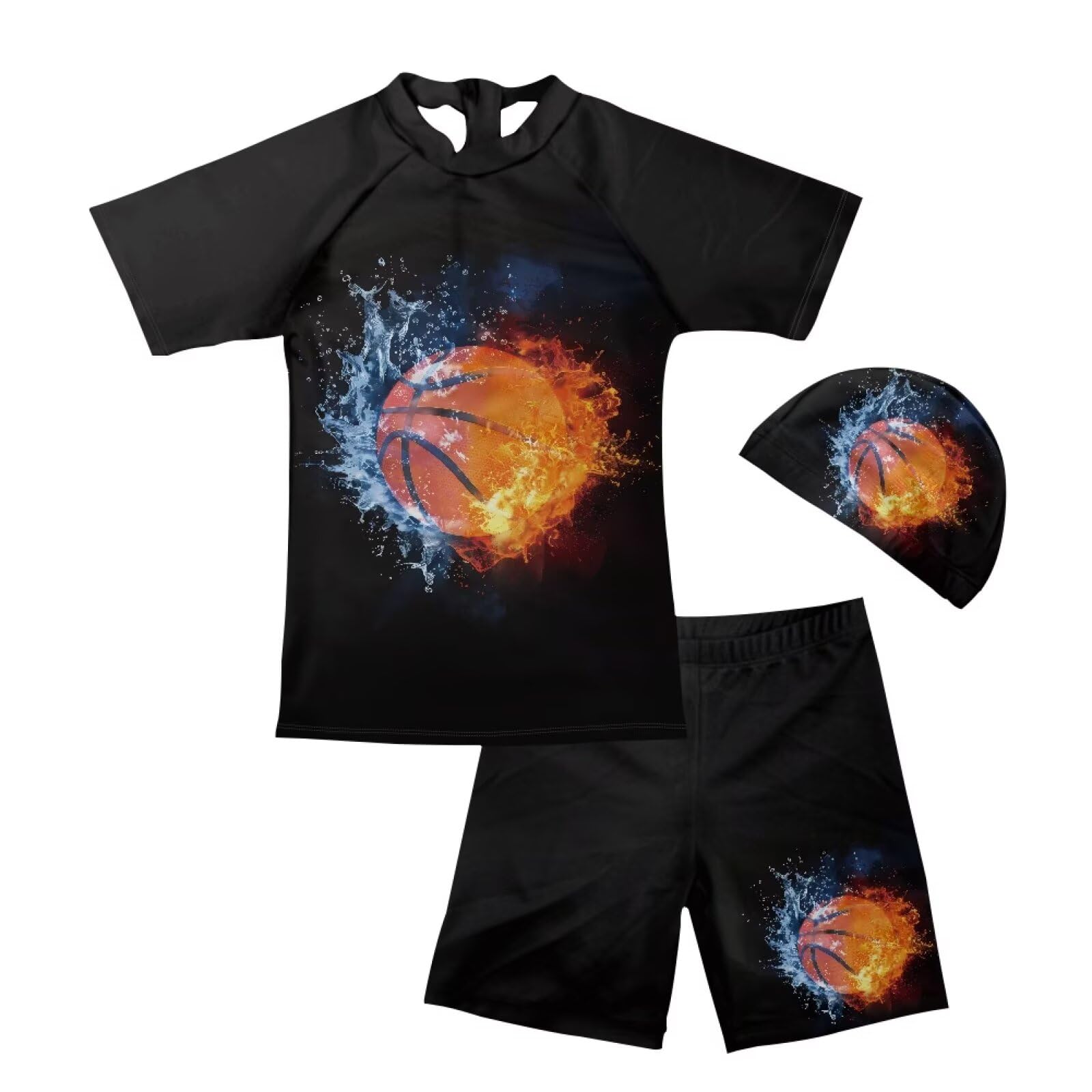 Yruonazao Flames Basketball Swimming Suit for Boys Rash Guard Swim Set 3 Piece Zip Rashguard Swim Shirt and Bathing Suit Trunk Swim Cap 5T Summer Infant Beach Swimwear Surfing Holiday Pool Party