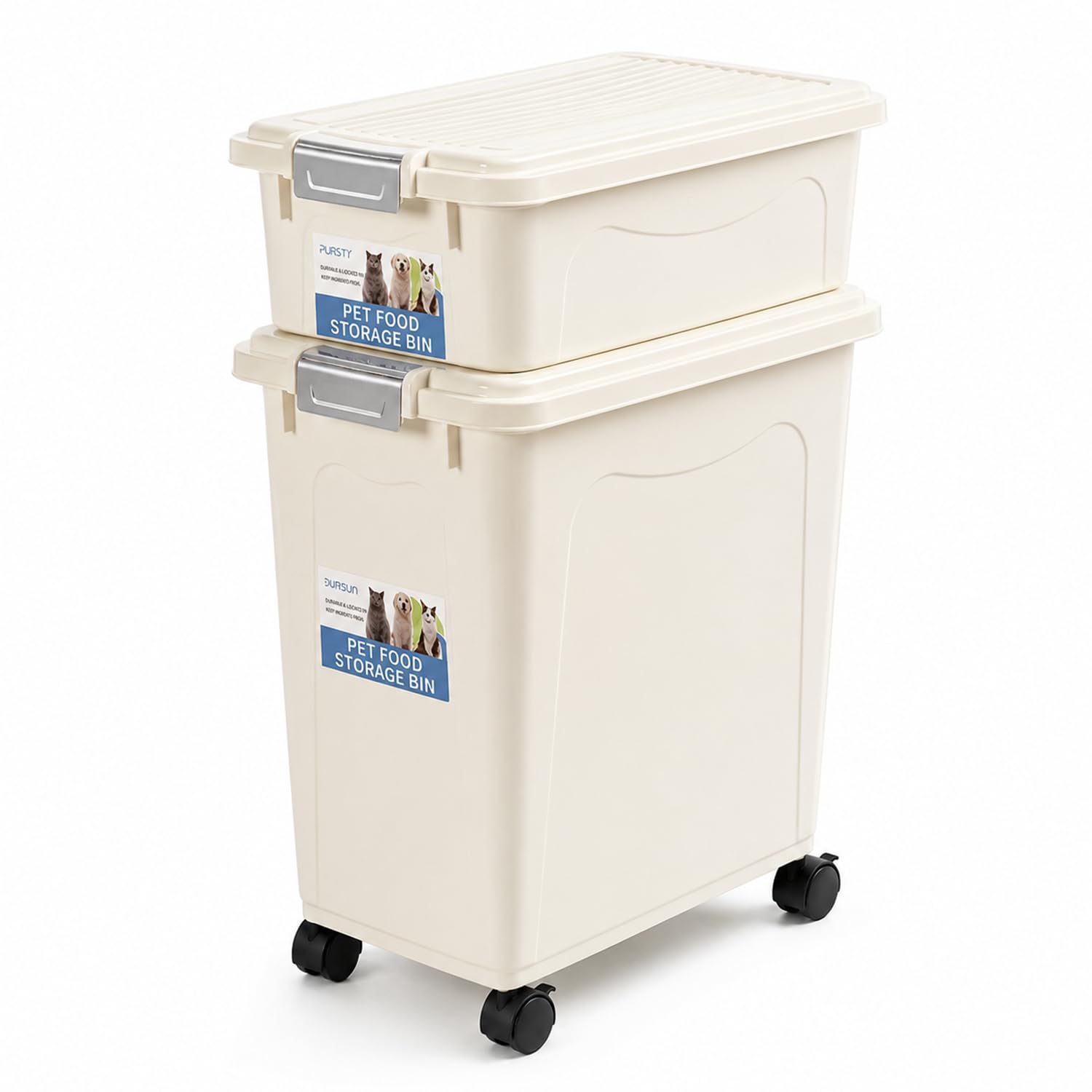 Greenfields 2 Tier Stackable Pet Food Storage Container Set, 12L and 40L Dry Food Bins with Secure Buckles, Sealing Strips, Scoop and Caster Wheels for Dog Food, Cat Food, Treats and Bird Seed - White