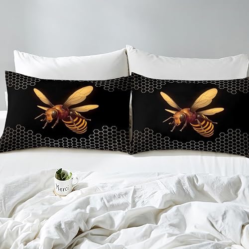 Miniatura 6 de Erosebridal Honey Bee - Sábana bajera ajustable tamaño matrimonial, color negro y dorado, diseño geométrico de panal de abeja, juego de ropa de cama
