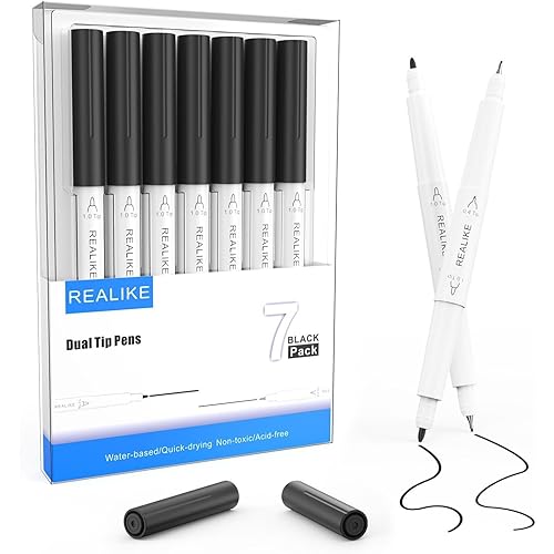 REALIKE Dual Tip Pens Compatible with Cricut Maker 3/Maker 4/Maker/Explore 3/4/Air 2/Air, Black Pens Set of 7 Pack Dual Tip Marker Fine Point Pen Writing Drawing (0.4 Tip & 1.0 Tip)