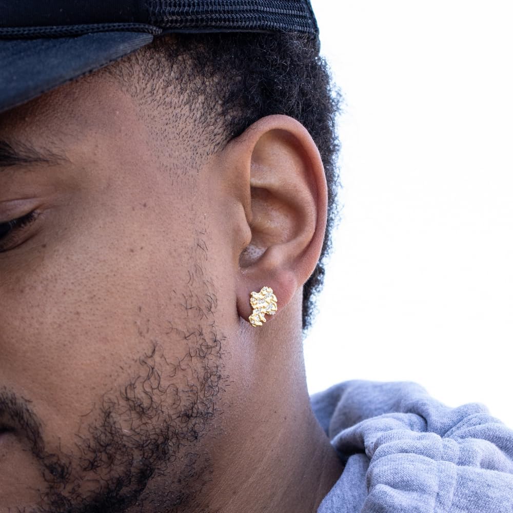 Solid 14K Yellow Gold Plated 925 Sterling Silver Men’s Diamond Cut Stud Cz Screw Back Post Retro 90's Hip Hop Iced Cubic Zirconia Solid Nugget Earrings For Men - Image 4