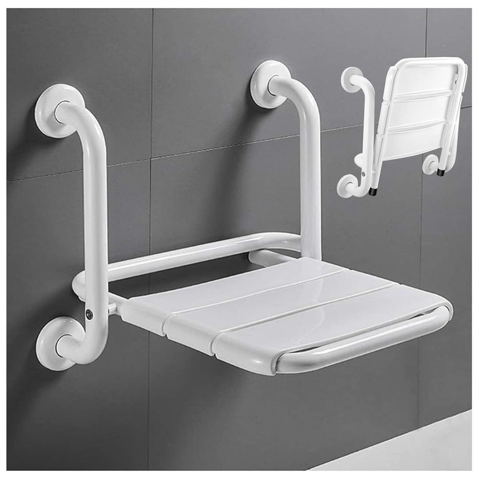 Taburete de Ducha Montado en la Pared Asiento de Ducha Abatible con Reposabrazos e Patas de Apoyo Taburete Baño Sillas para Ducharse para Personas Mayores y Discapacitadas