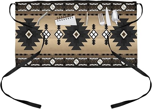 DecorLovee Delantal de camarera occidental beige con 3 bolsillos, diseño geométrico moderno del suroeste de arte abstracto, delantal impermeable