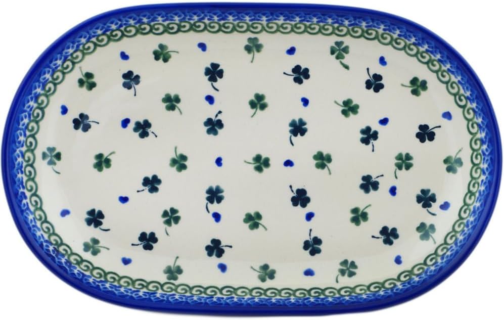 Platter 11-inch - Lucky Clovers Pattern Handmade in Boleslawiec Poland by Ceramika Bona + Certificate of Authenticity