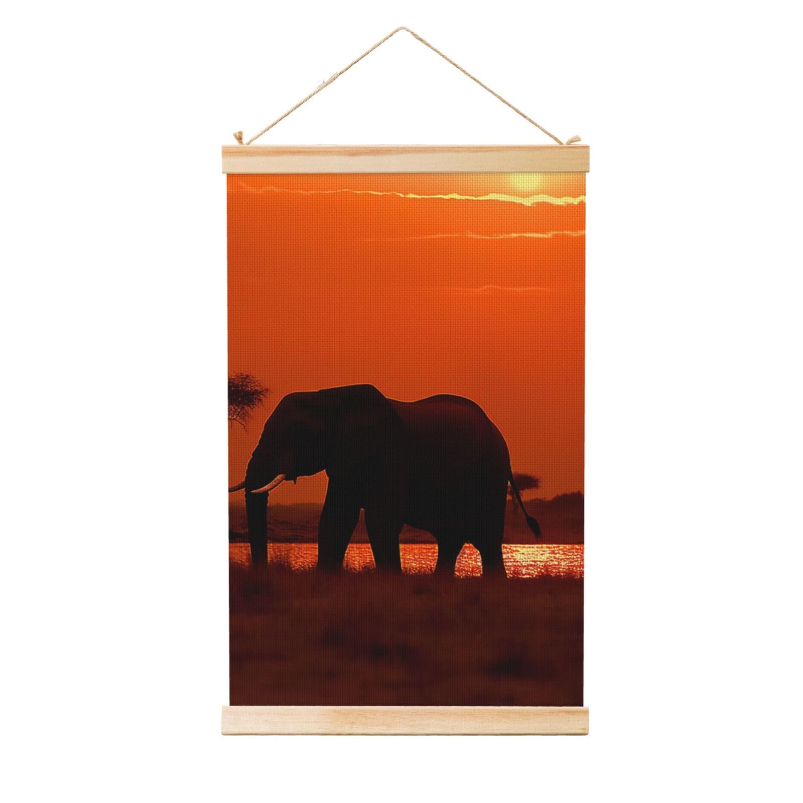 Sunset african elephant Poster Wooden Shaft Hanging Poster Wall Hanging Banner Canvas Artwork with Wood Frames 20"x30" Modern Artwork Decor Ready to Hang Wall Art for Home Decor Scroll Painting