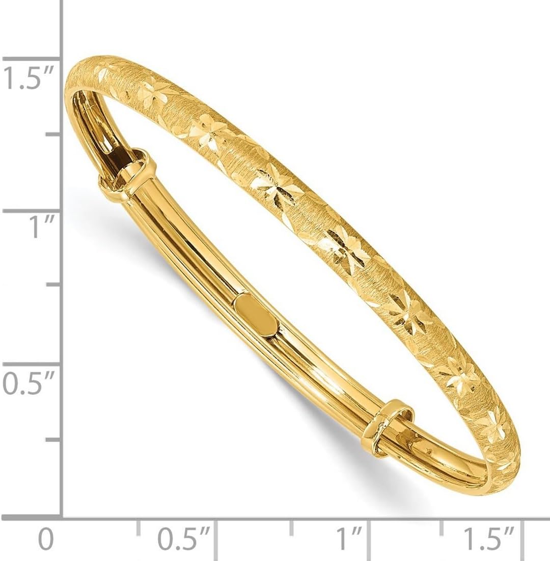 JewelryWeb 3.15mm 14k Solid Yellow Gold Polished Satin and Sparkle-Cut Adjustable Bangle Bracelet Cuff Bracelet for Women - Image 2