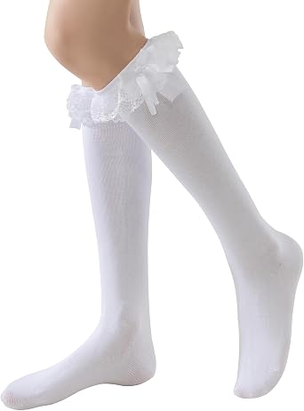 SEMOHOLLI Women Girls Fashion Knee High Socks With Bow Lace Ruffle Trim Cute Cotton Socks