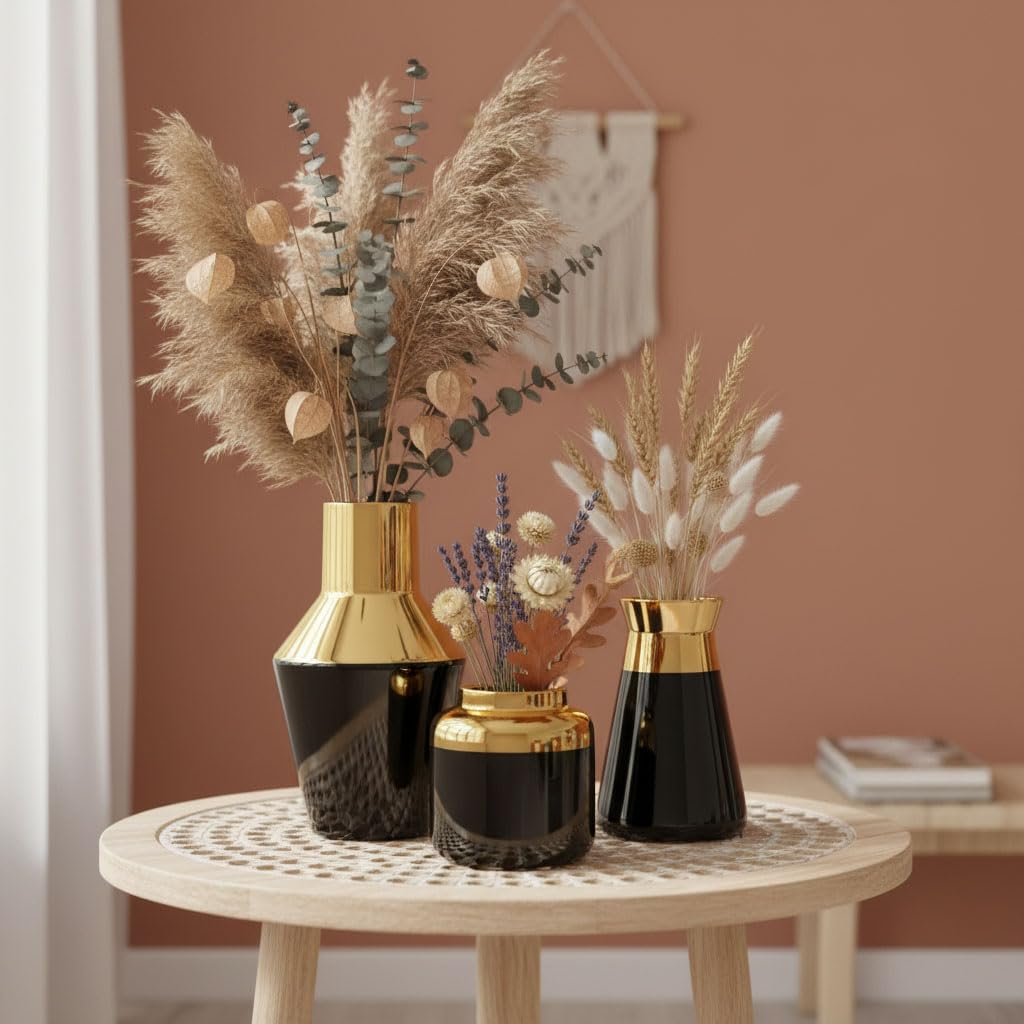 3-teiliges goldenes Vasen-Set für Moderne Wohnkultur – Keramik-Deko als Blickfang – Ästhetische Dekoration für Wohnzimmer, Kaminsims und Regal – wasserdichte (Schwarz)