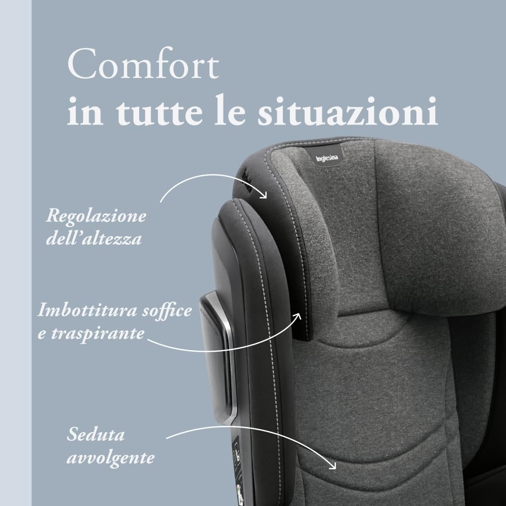 Inglesina Cartesio i-Size Seggiolino Auto, Isofix, per Bambini da 3 a 12 Anni circa, dai 100 ai 150 cm, Vulcan Black