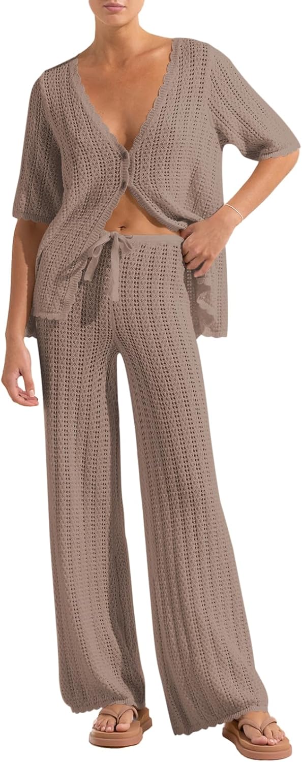 Imily Bela Women's Summer 2 Piece Swimsuit Cover up Crochet Knit Cardigan Tops Long Pants Set Bathing Suit Beach Outfit Medium Khaki