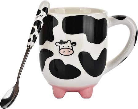 20oz Cow Cute Mug Hand Painted Print Design,20oz Large Tea Coffee Milk Ceramic Cup Mug with Udders Non-Skid Feet and Spoon,Holiday and Cow Lover Gifts for Women,Friend