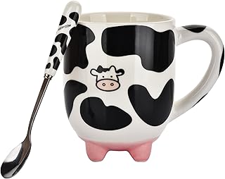 20oz Cow Cute Mug Hand Painted Print Design,20oz Large Tea Coffee Milk Ceramic Cup Mug with Udders Non-Skid Feet and Spoon,Holiday and Cow Lover Gifts for Women,Friend