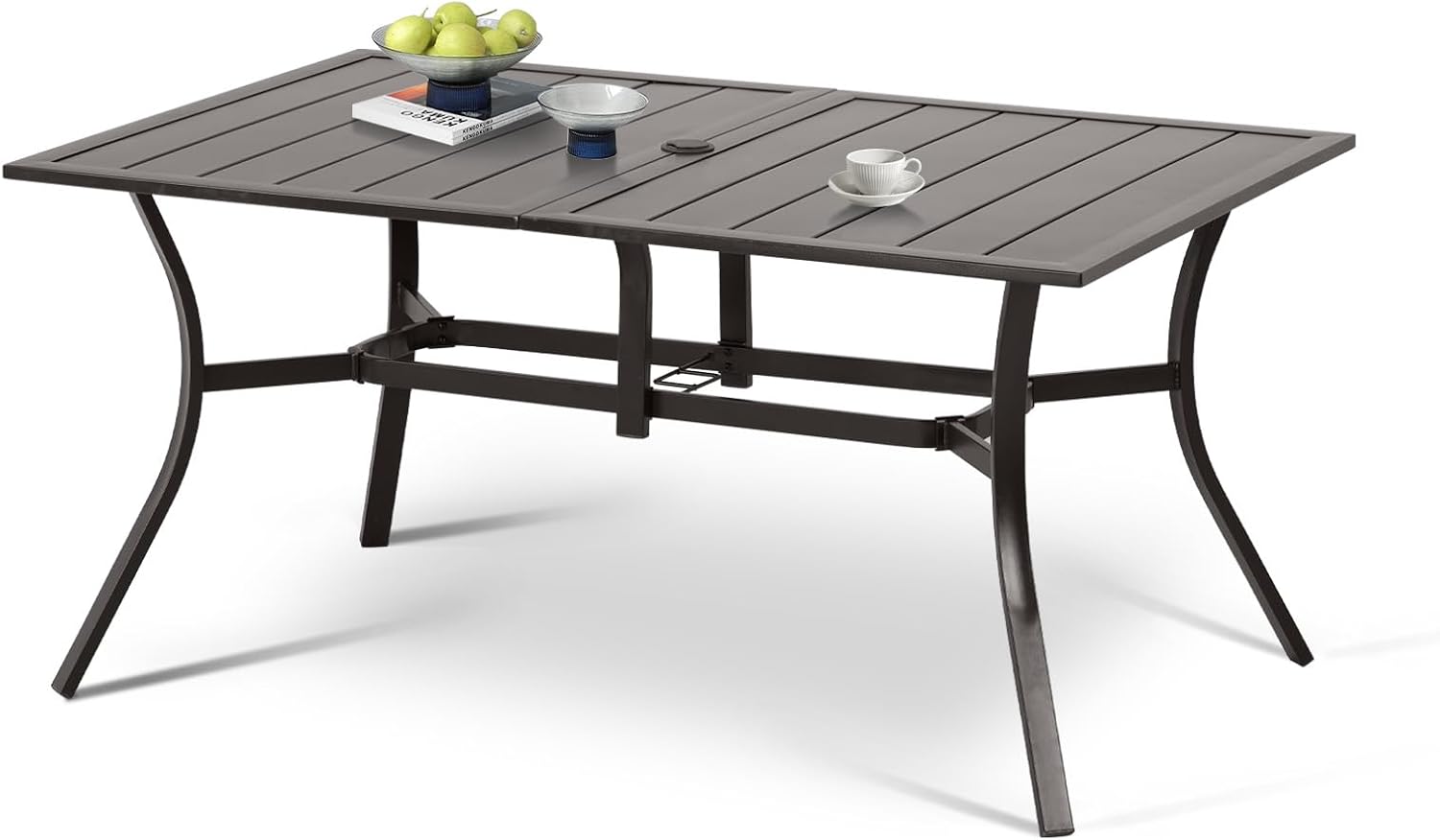 Aoodor Patio Dining Table for 8, 83'' Rectangular Metal Outdoor Patio Table with Umbrella Hole, Outdoor Dining Table for Deck, Yard, Poolside, Porch