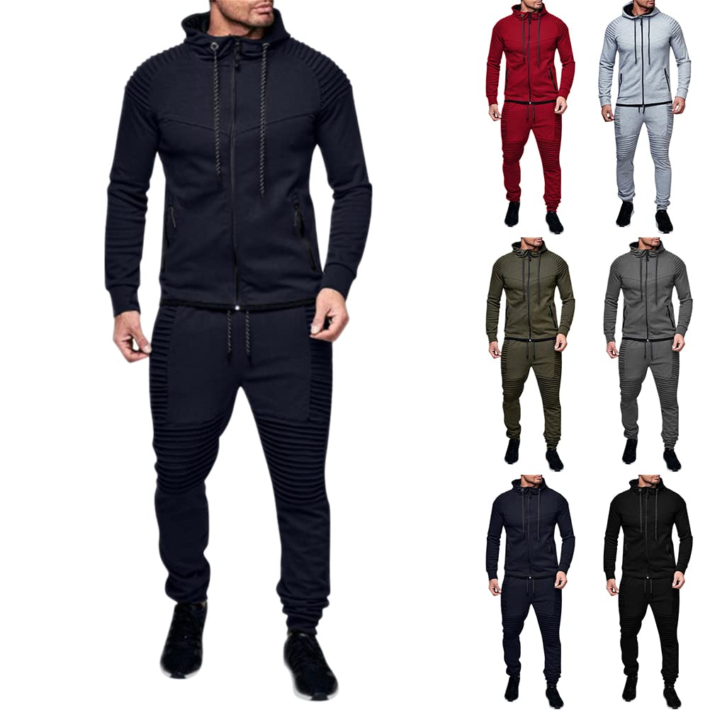Tuta da Ginnastica Uomo 2 Pezzi Sportiva Casual Con Zip Felpa Con Cappuccio e Pantaloni Moda Plissettato Elementi Tasca Con Cerniera All'aperto
