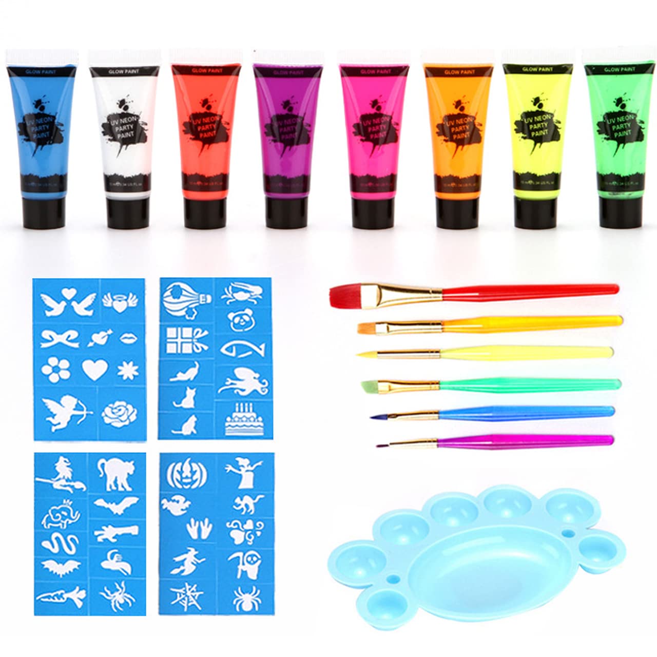 MEICOLY Glow UV Blacklight Face Paint, 8 Bright Colors Neon Fluorescent Body Painting Palette,Water Activated Eyeliner,Water Based Makeup Glow In The Dark Halloween Washable for Kids Adult Body Paint : Beauty & Personal Care