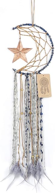 Dremisland Blue Dream Catcher Handmade Half Circle Moon Star Design with Feathers Dreamcatcher Wall Hanging Home Decoration Ornament Christmas Festival Craft Gift (Blue)