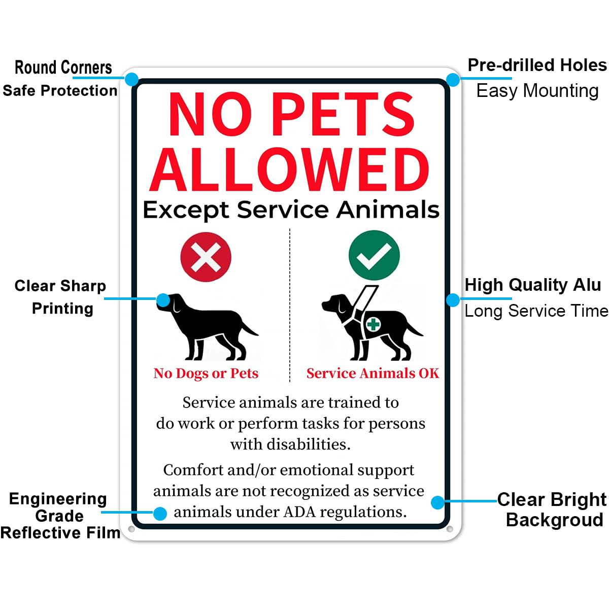 E-HORDE No Pets Allowed Sign 10x14 Inches, Aluminum 'No Dogs Except Service Animals' - Image 2
