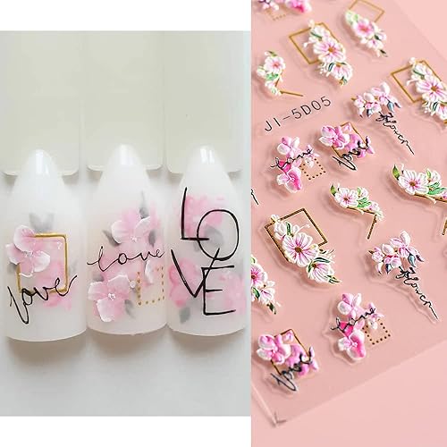 Miniatura 3 de Calcomanías de arte de uñas de flores 5D 4 hojas flores rosas líneas geométricas decoración de acrílico en relieve tiras doradas calcomanías de uñas