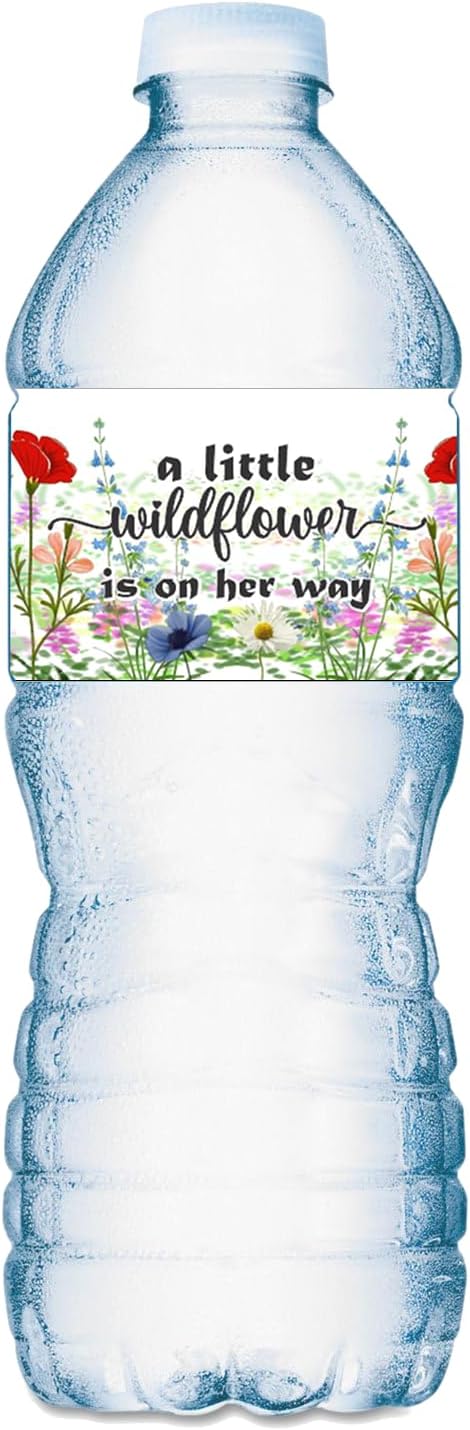 25 Wildflower Baby Shower Water Bottle Labels; Baby in Bloom Sprinkle Event Party Waterproof Glossy Wrappers; Stickers Labels Tabletop Decorations. Made in USA