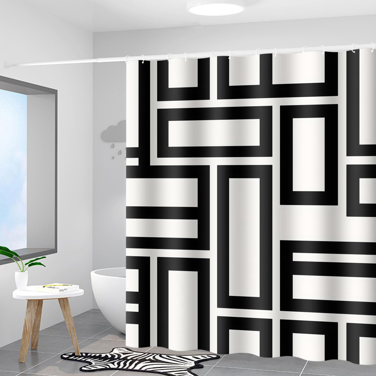 Moslion Black White Geometric Rectangles Grid Shower Curtain Set 72x72 Inch Bathroom Decor Waterproof Fabric Curtains with Hooks