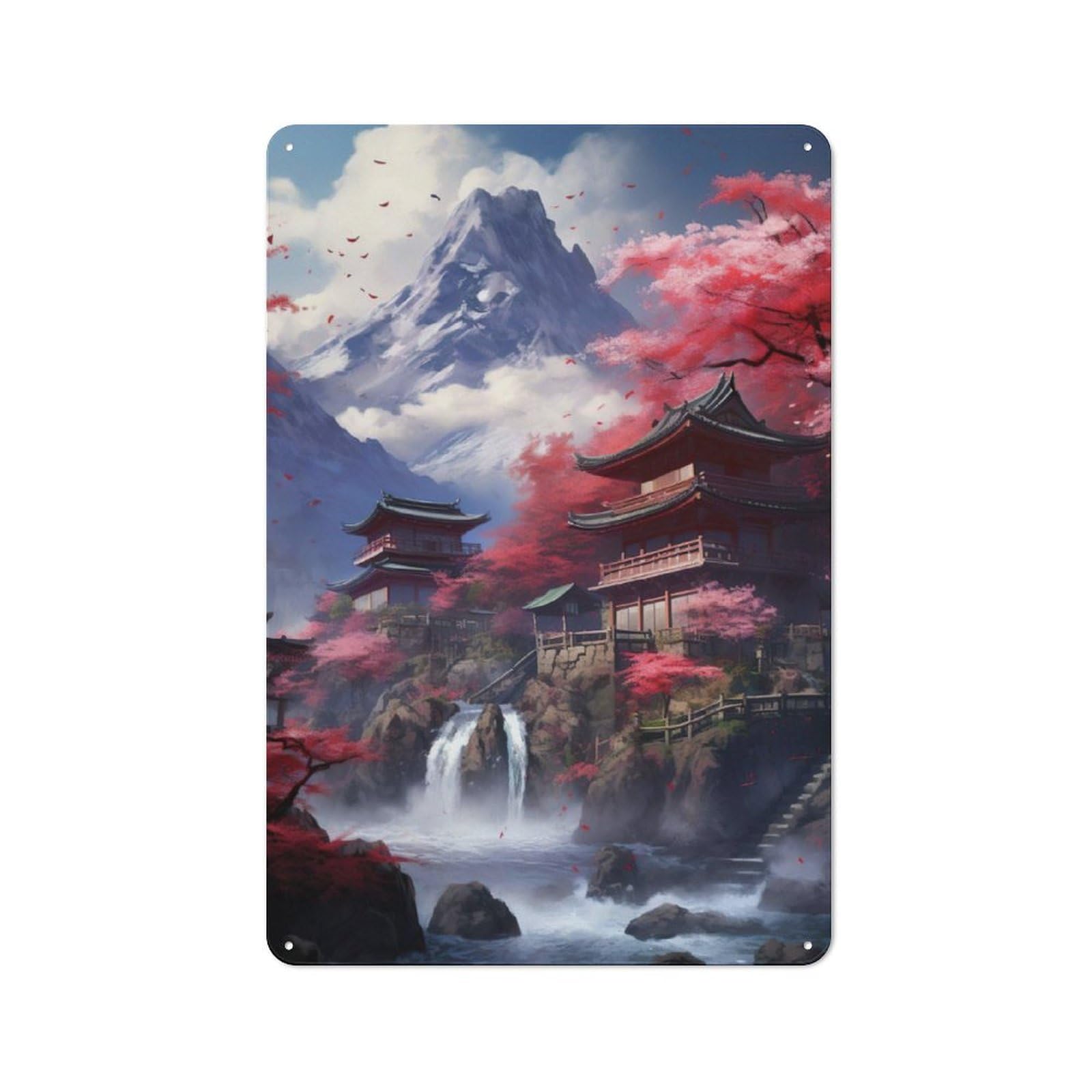 Junmoney Cherry Blossom Japan House Tin Sign 30X20cm For Workshop Wall, Rustic Wall Decor, Suited To Workshop Decor Fans