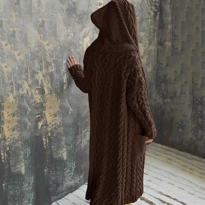 NIUBIA Womens Casual Long Sleeve Open Cardigan Warm Hooded Outwear Coat Cable Knit Long Cardigan Sweaters with Pockets - Image 4